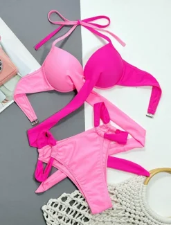 Online Women's Swimwear Bikini 2 Piece Cheeky Swimsuit Backless Slim Vacation Beach Wear Solid Color Halter Neck Sleeveless Bathing Suits Women Bikinis