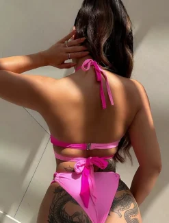 Online Women's Swimwear Bikini 2 Piece Cheeky Swimsuit Backless Slim Vacation Beach Wear Solid Color Halter Neck Sleeveless Bathing Suits Women Bikinis