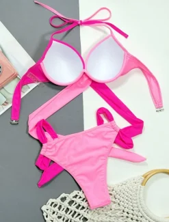 Online Women's Swimwear Bikini 2 Piece Cheeky Swimsuit Backless Slim Vacation Beach Wear Solid Color Halter Neck Sleeveless Bathing Suits Women Bikinis