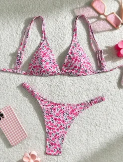 Hot Women's Swimwear Bikini 2 Piece Thong Swimsuit Backless Slim Vacation Beach Wear Floral V Neck Sleeveless Bathing Suits Women Leopard Swimwear