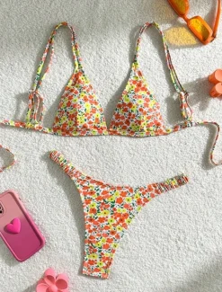 Hot Women's Swimwear Bikini 2 Piece Thong Swimsuit Backless Slim Vacation Beach Wear Floral V Neck Sleeveless Bathing Suits Women Leopard Swimwear