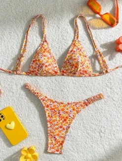 Hot Women's Swimwear Bikini 2 Piece Thong Swimsuit Backless Slim Vacation Beach Wear Floral V Neck Sleeveless Bathing Suits Women Leopard Swimwear