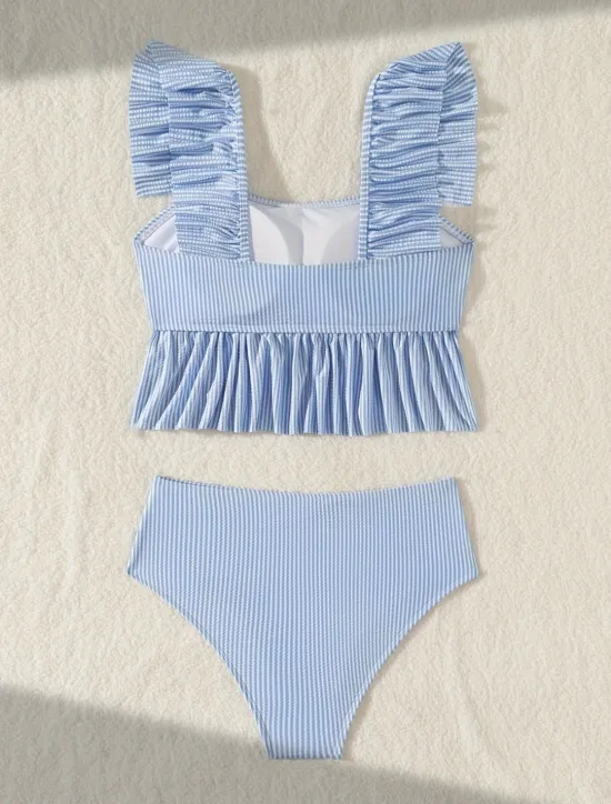 Discount Women's Swimwear Bikini 2 Piece Briefs Swimsuit Backless Slim High Waisted Vacation Beach Wear Stripe Sleeveless Bathing Suits Women Bikinis