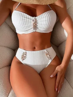 Women's Swimwear Bikini 2 Piece Briefs Swimsuit Backless Slim Vacation Beach Wear Solid Color Halter Neck Sleeveless Bathing Suits Women Bikinis