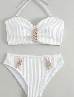 Women's Swimwear Bikini 2 Piece Briefs Swimsuit Backless Slim Vacation Beach Wear Solid Color Halter Neck Sleeveless Bathing Suits Women Bikinis