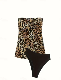 Hot Women's Swimwear Bikini 2 Piece Cheeky Swimsuit Backless Slim Vacation Beach Wear Halter Neck Sleeveless Bathing Suits Women Leopard Swimwear|Tankinis