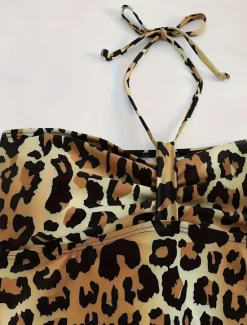 Hot Women's Swimwear Bikini 2 Piece Cheeky Swimsuit Backless Slim Vacation Beach Wear Halter Neck Sleeveless Bathing Suits Women Leopard Swimwear|Tankinis