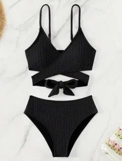 Hot Women's Swimwear Bikini 2 Piece Briefs Swimsuit Backless Slim High Waisted Vacation Beach Wear Solid Color V Neck Sleeveless Bathing Suits Women Bikinis