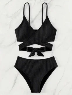 Hot Women's Swimwear Bikini 2 Piece Briefs Swimsuit Backless Slim High Waisted Vacation Beach Wear Solid Color V Neck Sleeveless Bathing Suits Women Bikinis