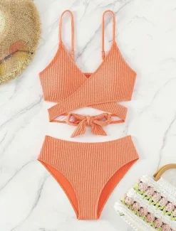 Hot Women's Swimwear Bikini 2 Piece Briefs Swimsuit Backless Slim High Waisted Vacation Beach Wear Solid Color V Neck Sleeveless Bathing Suits Women Bikinis