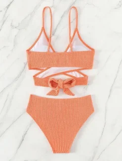 Hot Women's Swimwear Bikini 2 Piece Briefs Swimsuit Backless Slim High Waisted Vacation Beach Wear Solid Color V Neck Sleeveless Bathing Suits Women Bikinis