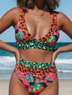 Hot Women's Swimwear Bikini 2 Piece Briefs Swimsuit Backless Slim Vacation Beach Wear Floral Halter Neck Sleeveless Bathing Suits Women Bikinis|Leopard Swimwear