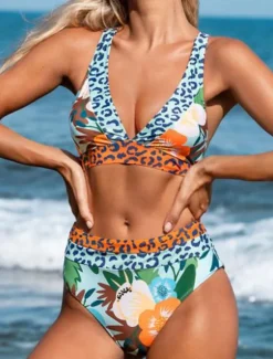 Hot Women's Swimwear Bikini 2 Piece Briefs Swimsuit Backless Slim Vacation Beach Wear Floral Halter Neck Sleeveless Bathing Suits Women Bikinis|Leopard Swimwear