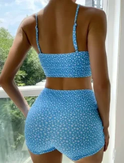 Women's Swimwear Bikini 2 Piece Shorts Swimsuit Backless Slim Vacation Beach Wear Floral Halter Neck Sleeveless Bathing Suits Women Bikinis