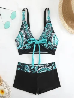 Women's Swimwear Bikini 2 Piece Shorts Swimsuit Backless Slim Vacation Beach Wear Floral Halter Neck Sleeveless Bathing Suits Women Bikinis