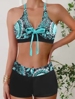 Women's Swimwear Bikini 2 Piece Shorts Swimsuit Backless Slim Vacation Beach Wear Floral Halter Neck Sleeveless Bathing Suits Women Bikinis
