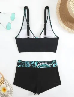 Women's Swimwear Bikini 2 Piece Shorts Swimsuit Backless Slim Vacation Beach Wear Floral Halter Neck Sleeveless Bathing Suits Women Bikinis