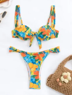 Women's Swimwear Bikini 2 Piece Thong Swimsuit Backless Slim Vacation Beach Wear Floral Halter Neck Sleeveless Bathing Suits Women Bikinis