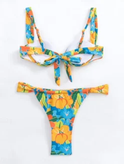 Women's Swimwear Bikini 2 Piece Thong Swimsuit Backless Slim Vacation Beach Wear Floral Halter Neck Sleeveless Bathing Suits Women Bikinis