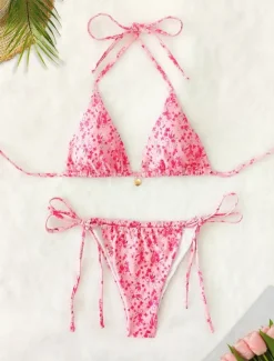 New Women's Swimwear Bikini 2 Piece Thong Swimsuit Backless Slim Vacation Beach Wear Floral V Neck Sleeveless Bathing Suits Women Bikinis