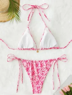 New Women's Swimwear Bikini 2 Piece Thong Swimsuit Backless Slim Vacation Beach Wear Floral V Neck Sleeveless Bathing Suits Women Bikinis