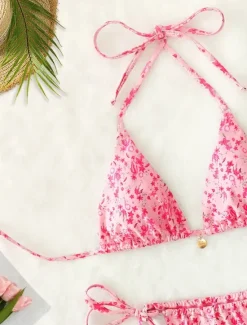 New Women's Swimwear Bikini 2 Piece Thong Swimsuit Backless Slim Vacation Beach Wear Floral V Neck Sleeveless Bathing Suits Women Bikinis