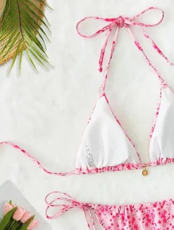 New Women's Swimwear Bikini 2 Piece Thong Swimsuit Backless Slim Vacation Beach Wear Floral V Neck Sleeveless Bathing Suits Women Bikinis