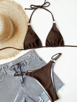 Outlet Women's Swimwear Bikini 2 Piece Cheeky Swimsuit Backless Slim Vacation Beach Wear Solid Color Halter Neck Sleeveless Bathing Suits Women Bikinis