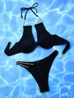 New Women's Swimwear Bikini 2 Piece Cheeky Swimsuit Backless Slim Vacation Beach Wear Solid Color Halter Neck Sleeveless Bathing Suits Women Bikinis