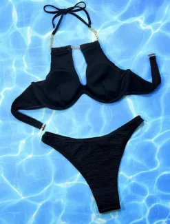 New Women's Swimwear Bikini 2 Piece Cheeky Swimsuit Backless Slim Vacation Beach Wear Solid Color Halter Neck Sleeveless Bathing Suits Women Bikinis