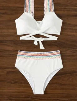 New Women's Swimwear Bikini 2 Piece Briefs Swimsuit Backless Patchwork Slim Vacation Beach Wear Solid Color V Neck Sleeveless Bathing Suits Women Bikinis