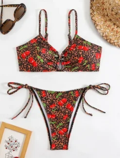 Discount Women's Swimwear Bikini 2 Piece Thong Swimsuit Backless Slim Vacation Beach Wear Floral V Neck Sleeveless Bathing Suits Women Bikinis