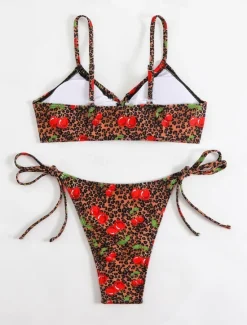 Discount Women's Swimwear Bikini 2 Piece Thong Swimsuit Backless Slim Vacation Beach Wear Floral V Neck Sleeveless Bathing Suits Women Bikinis