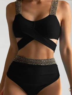 Sale Women's Swimwear Bikini 2 Piece Briefs Swimsuit Backless Patchwork Slim Vacation Beach Wear Solid Color V Neck Sleeveless Bathing Suits Women Bikinis