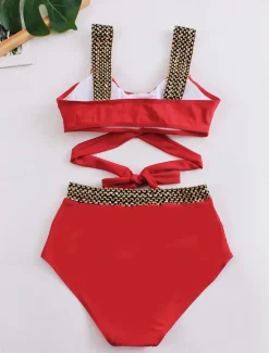 Sale Women's Swimwear Bikini 2 Piece Briefs Swimsuit Backless Patchwork Slim Vacation Beach Wear Solid Color V Neck Sleeveless Bathing Suits Women Bikinis