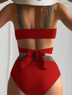Sale Women's Swimwear Bikini 2 Piece Briefs Swimsuit Backless Patchwork Slim Vacation Beach Wear Solid Color V Neck Sleeveless Bathing Suits Women Bikinis