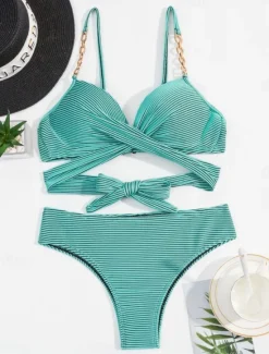 Discount Women's Swimwear Bikini 2 Piece Cheeky Swimsuit Backless Slim Vacation Beach Wear Stripe V Neck Sleeveless Bathing Suits Women Bikinis