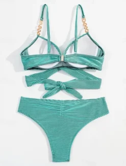 Discount Women's Swimwear Bikini 2 Piece Cheeky Swimsuit Backless Slim Vacation Beach Wear Stripe V Neck Sleeveless Bathing Suits Women Bikinis