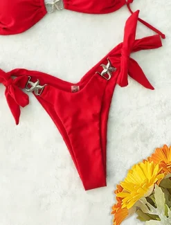 Women's Swimwear Bikini 2 Piece Thong Swimsuit Backless Slim Vacation Beach Wear Solid Color V Neck Sleeveless Bathing Suits Women Bikinis
