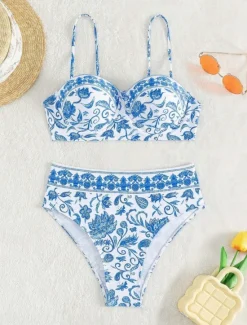 Best Women's Swimwear Bikini 2 Piece Briefs Swimsuit Backless Slim Vacation Beach Wear Floral V Neck Sleeveless Bathing Suits Women Bikinis