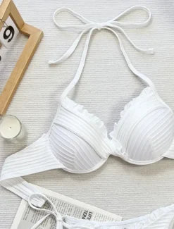 Discount Women's Swimwear Bikini 2 Piece Cheeky Swimsuit Ruffle Backless Slim Vacation Beach Wear Solid Color Halter Neck Sleeveless Bathing Suits Women Bikinis