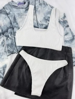 New Women's Swimwear Bikini 2 Piece Thong Swimsuit Backless Slim Vacation Beach Wear Solid Color U Neck Sleeveless Bathing Suits Women Bikinis