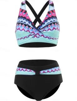 Online Women's Swimwear Bikini 2 Piece Briefs Swimsuit Backless Slim Vacation Beach Wear Geometric Halter Neck Sleeveless Bathing Suits Women Bikinis