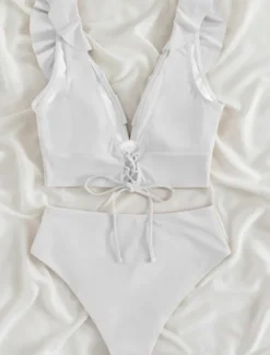 Outlet Women's Swimwear Bikini 2 Piece Briefs Swimsuit Ruffle Backless Slim Vacation Beach Wear Solid Color V Neck Sleeveless Bathing Suits Women Bikinis