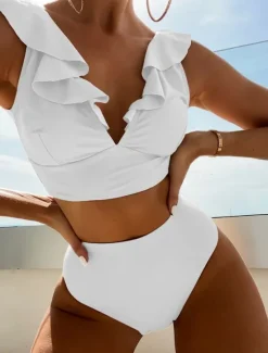 Outlet Women's Swimwear Bikini 2 Piece Briefs Swimsuit Ruffle Backless Slim Vacation Beach Wear Solid Color V Neck Sleeveless Bathing Suits Women Bikinis
