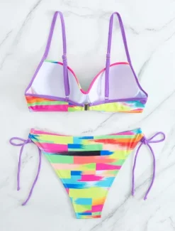 New Women's Swimwear Bikini 2 Piece Cheeky Swimsuit Backless Slim Vacation Beach Wear Ombre V Neck Sleeveless Bathing Suits Women Colorful Swimwear
