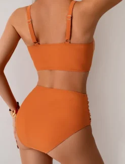 Online Women's Swimwear Bikini 2 Piece Briefs Swimsuit Backless Slim High Waisted Vacation Beach Wear Solid Color V Neck Sleeveless Bathing Suits Women Bikinis