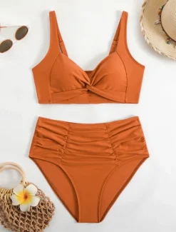 Online Women's Swimwear Bikini 2 Piece Briefs Swimsuit Backless Slim High Waisted Vacation Beach Wear Solid Color V Neck Sleeveless Bathing Suits Women Bikinis