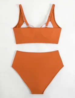 Online Women's Swimwear Bikini 2 Piece Briefs Swimsuit Backless Slim High Waisted Vacation Beach Wear Solid Color V Neck Sleeveless Bathing Suits Women Bikinis