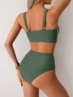Online Women's Swimwear Bikini 2 Piece Briefs Swimsuit Backless Slim High Waisted Vacation Beach Wear Solid Color V Neck Sleeveless Bathing Suits Women Bikinis